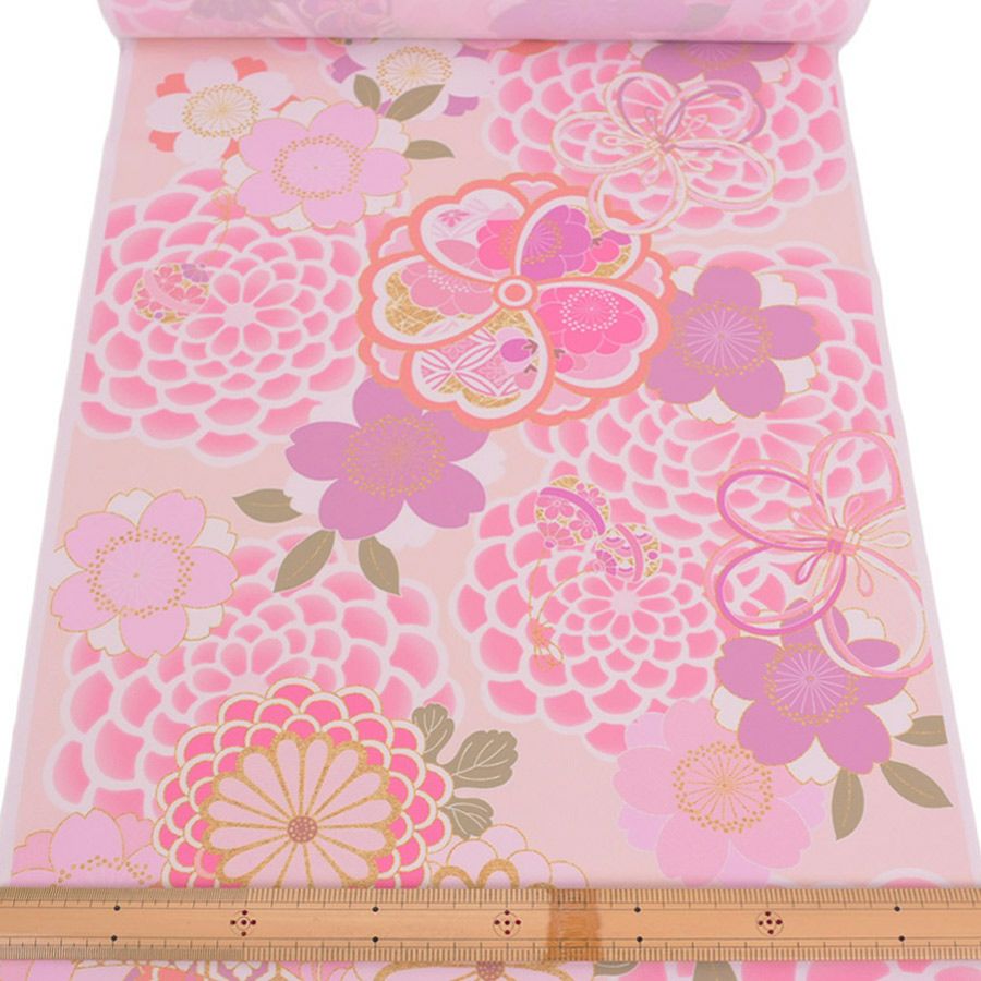 着物用洗える生地 大菊に桜梅(桃色) 10cm単位 切り売り |生地 和柄