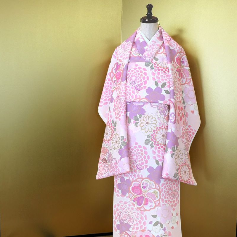 着物用洗える生地 大菊に桜梅(桃色) 1反売り(約12m) |生地 和柄/和布