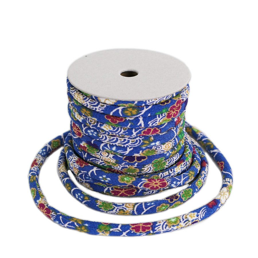 ちりめん丸ひも・柄・8ミリ(実寸約8-10ミリ)絢爛小紋・青 10cm単位　和風紐ブルー 縮緬ひも チリメン丸ヒモ 和柄コード 和調手芸材料