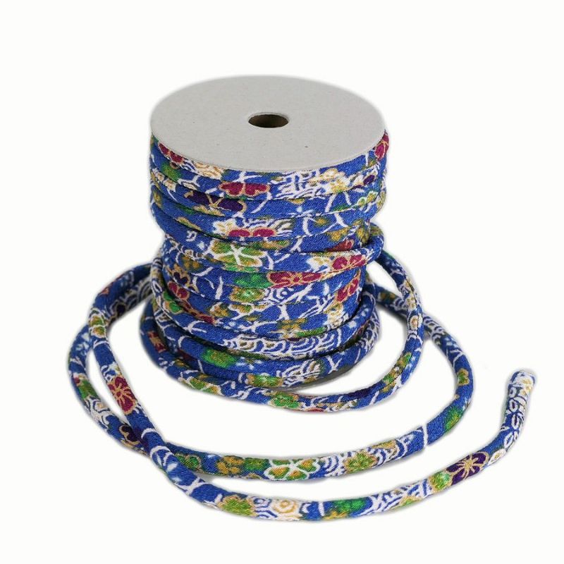 ちりめん丸ひも・柄・4ミリ(実寸約4-5ミリ)絢爛小紋・青 10cm単位 切り売り和風紐ブルー 縮緬チリメンヒモ 和柄コードアクセサリー作り