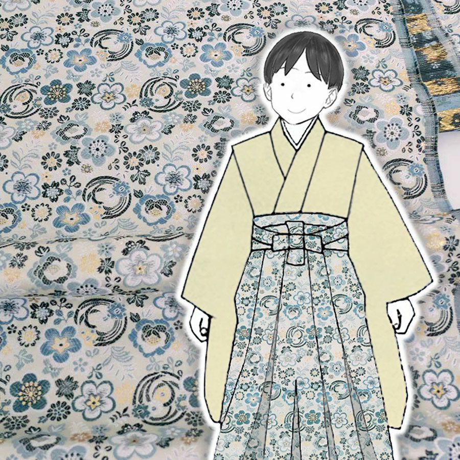 金襴生地(金らん)梅絵巻(シルバグレー/ブルー) 10cm単位 切り売り 