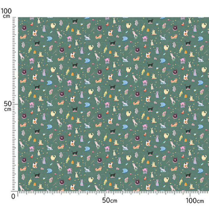 コットン生地 からふる猫の自由な日々(グリーン) 10cm単位 切り売り