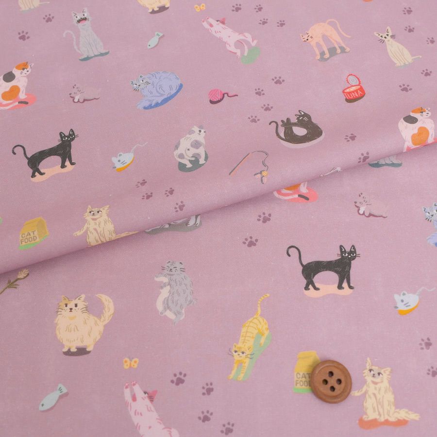 コットン生地 からふる猫の自由な日々(グレイッシュピンク) 10cm単位 切り売り猫柄木綿シーチング布地 ネコ柄 ねこ柄 あしあと柄 くすみピンク