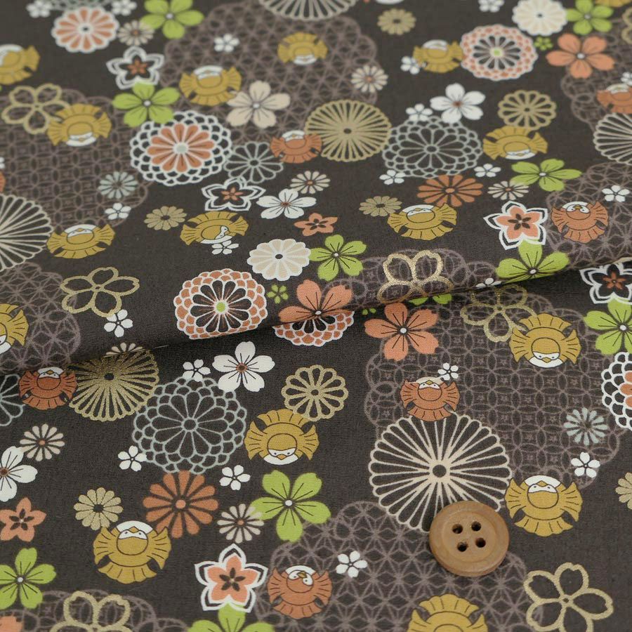 和柄コットン生地 百花とふくら雀(茶色) 10cm単位 切り売り コットンこばやし和風柄 木綿ブロード ブラウン しぶかわいい