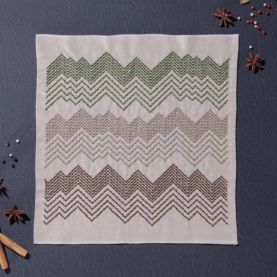 刺し子キット 花ふきん Textile Lab・Peaks 山脈 (セージ) オリムパス製絲刺子 AYUFISH int.デザイン くぐり刺し技法