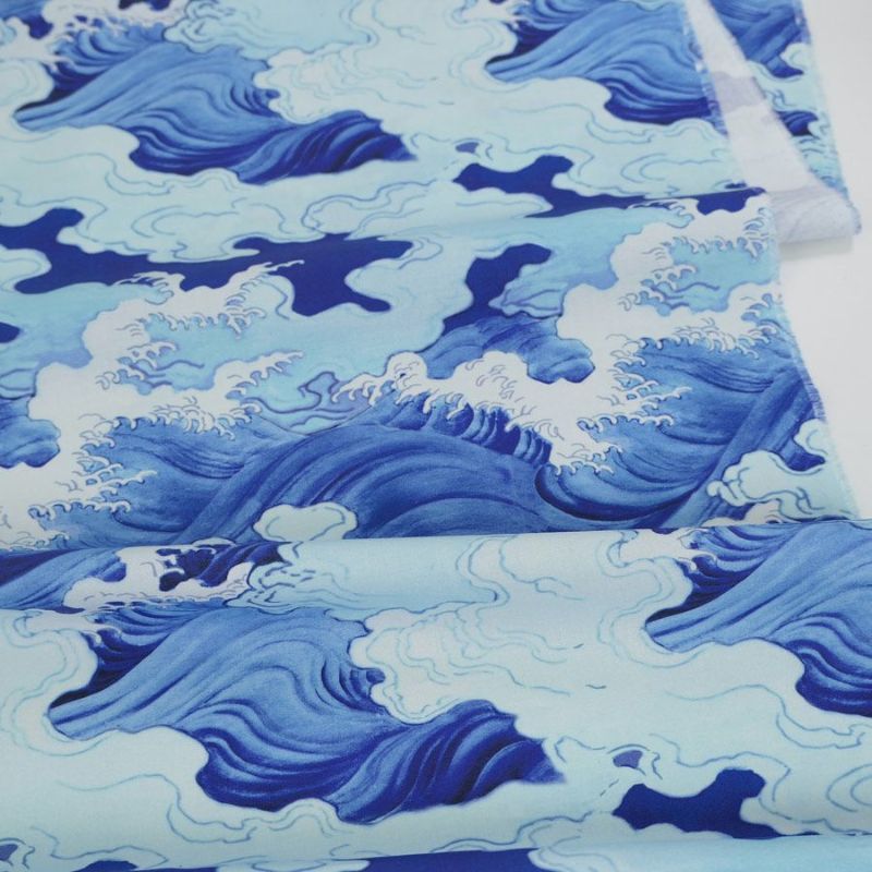 和柄コットン生地 波と雲(青) 10cm単位 切り売り ブルー波柄 男性服地 藍色 シャツ地 かっこいい和風 個性的