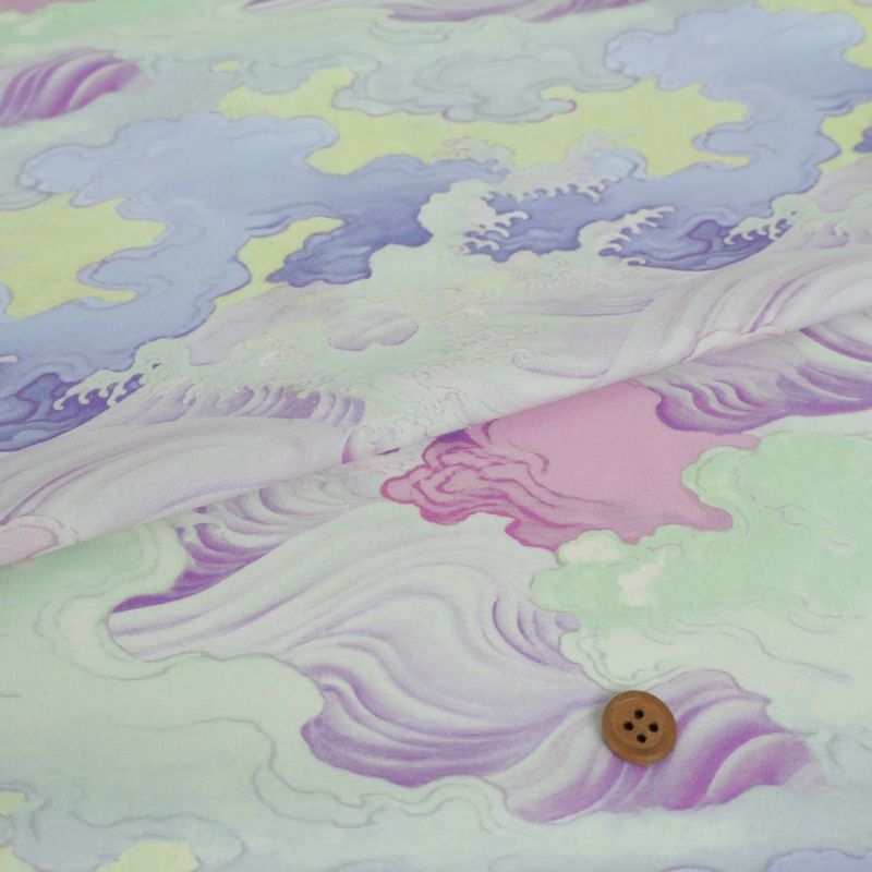 和柄コットン生地 波と雲(青紫/黄色) 10cm単位 切り売り 和調布地 波柄 雲柄 木綿シーチング 男性シャツ地 おしゃれ
