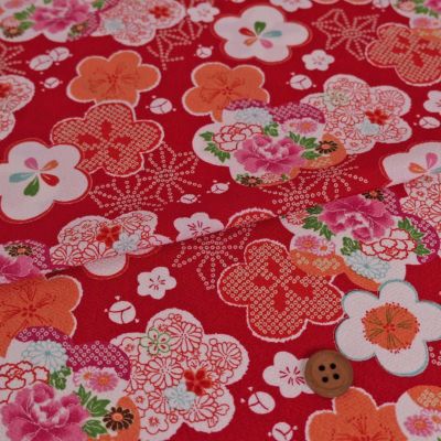 ポリちりめん生地 梅びより(赤) 10cm単位 切り売り