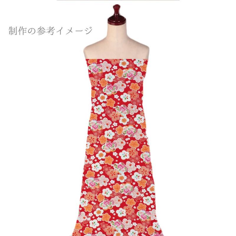 ポリちりめん生地 梅びより(赤) 10cm単位 切り売り 七五三着物手作り女の子 洗えるちりめん ポリエステルチリメン