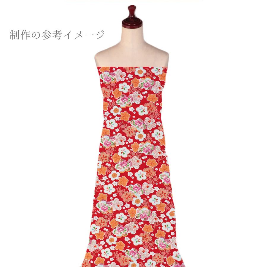 ポリちりめん生地 梅びより(赤) 10cm単位 切り売り 七五三着物手作り女の子 洗えるちりめん ポリエステルチリメン