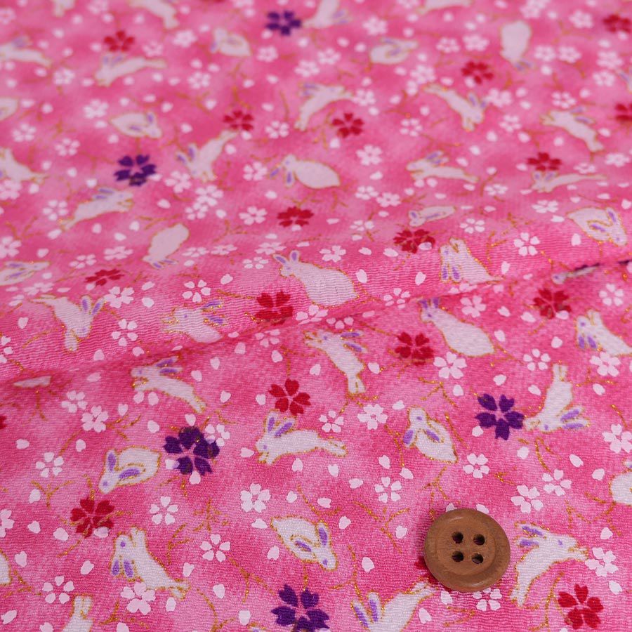 ちりめん生地・うさぎと桜(ピンク) 10cm単位 切り売り レーヨンちりめん生地 ウサギ柄縮緬 兎兔さくら 可愛いチリメン