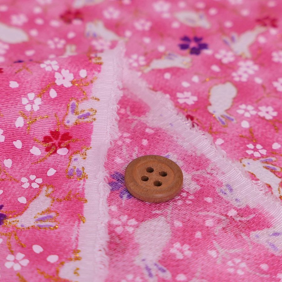 ちりめん生地・うさぎと桜(ピンク) 10cm単位 切り売り レーヨンちりめん生地 ウサギ柄縮緬 兎兔さくら 可愛いチリメン