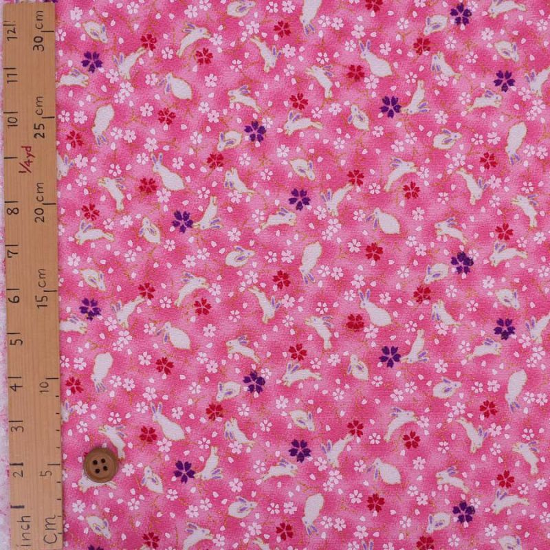 ちりめん生地・うさぎと桜(ピンク) 10cm単位 切り売り レーヨンちりめん生地 ウサギ柄縮緬 兎兔さくら 可愛いチリメン