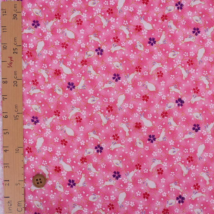 ちりめん生地・うさぎと桜(ピンク) 10cm単位 切り売り レーヨンちりめん生地 ウサギ柄縮緬 兎兔さくら 可愛いチリメン