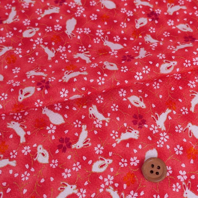 ちりめん生地・うさぎと桜(赤) 10cm単位 切り売り レーヨンちりめん生地 ウサギ柄縮緬 兎兔さくら 可愛いチリメン