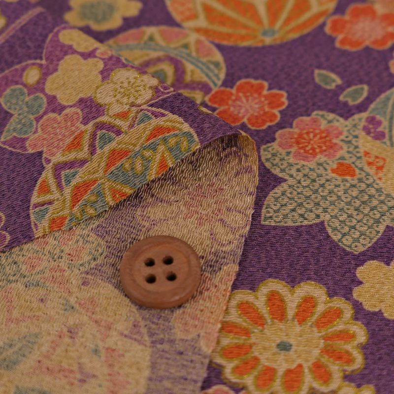 古布調ちりめん生地 手まりと和の花(紫) 10cm単位 切り売り チリメンパープル 手芸用縮緬布地 和風花柄 ちりめん細工用生地