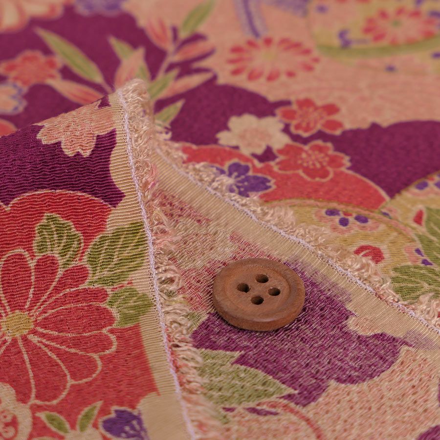 古布調ちりめん生地 雲取り地に花と橋(渋あずき色) 10cm単位 切り売り アンティーク調縮緬布地 古典柄 和風花柄 伝統柄 小豆色 赤紫色