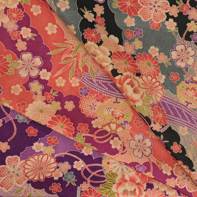 古布調ちりめん生地 雲取り地に花と橋(渋あずき色) 10cm単位 切り売り アンティーク調縮緬布地 古典柄 和風花柄 伝統柄 小豆色 赤紫色