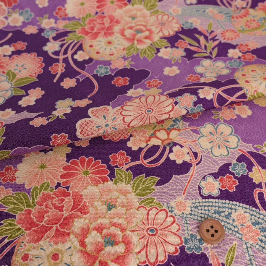 古布調ちりめん生地 雲取り地に花と橋(紫) 10cm単位 切り売り アンティーク調縮緬布地 古典柄 和風花柄 伝統柄 深紫色パープル