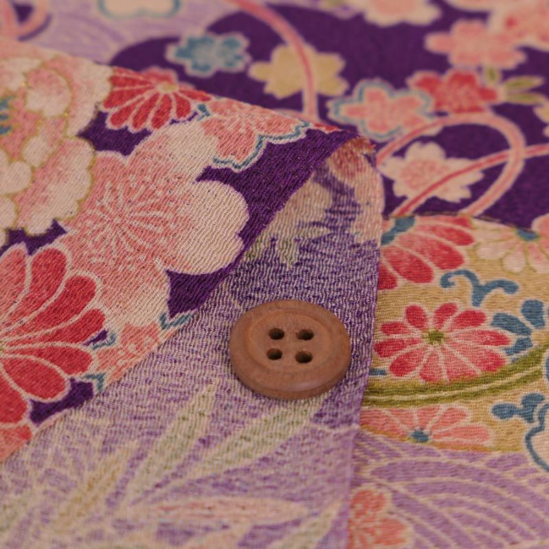 古布調ちりめん生地 雲取り地に花と橋(紫) 10cm単位 切り売り アンティーク調縮緬布地 古典柄 和風花柄 伝統柄 深紫色パープル