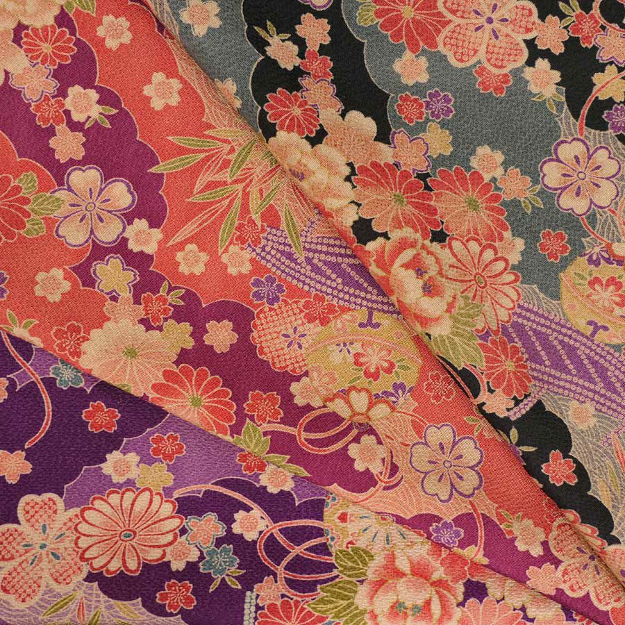 古布調ちりめん生地 雲取り地に花と橋(黒) 10cm単位 切り売り レーヨンチリメン布地 縮緬手芸用 古典柄 アンティーク調伝統柄