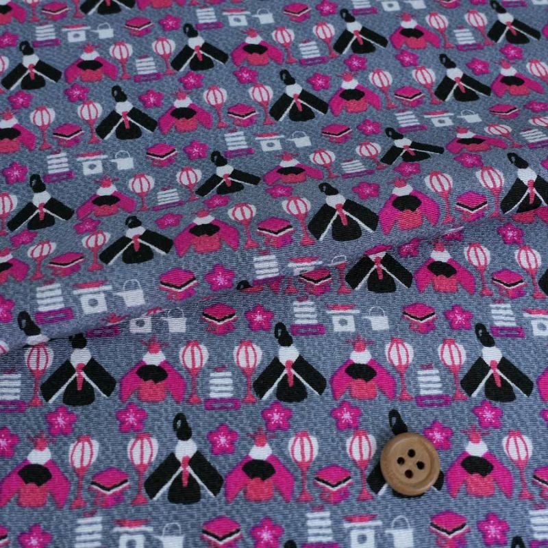 ちりめん生地 ひな人形(グレー) 10cm単位 切り売り 雛人形柄縮緬布地 レーヨンチリメン オニちりめんグレイ 雛祭り