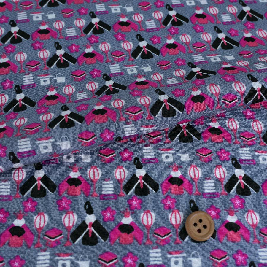 ちりめん生地 ひな人形(グレー) 10cm単位 切り売り 雛人形柄縮緬布地 レーヨンチリメン オニちりめんグレイ 雛祭り