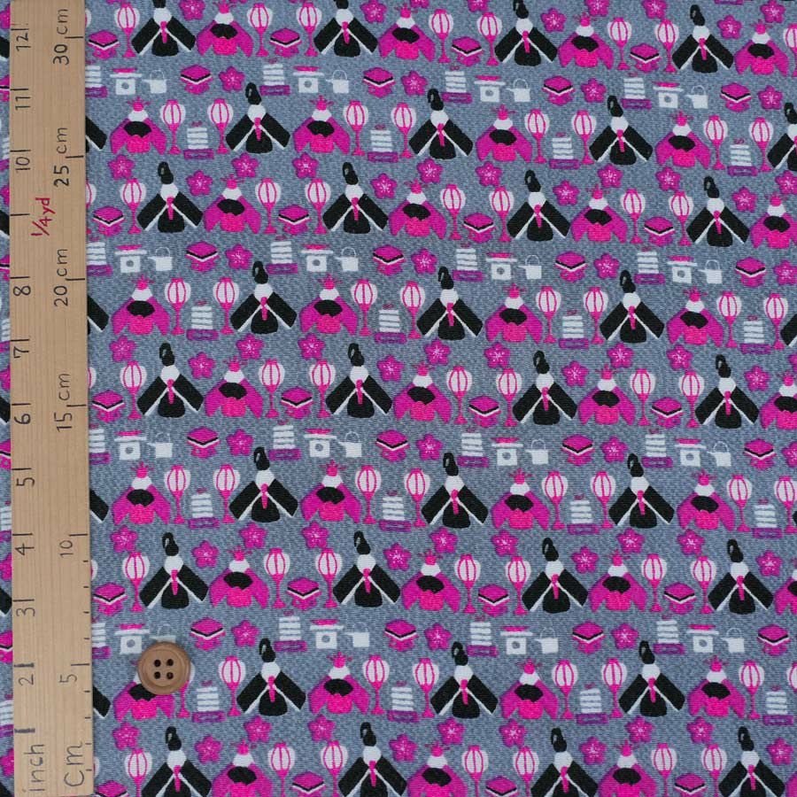 ちりめん生地 ひな人形(グレー) 10cm単位 切り売り 雛人形柄縮緬布地 レーヨンチリメン オニちりめんグレイ 雛祭り