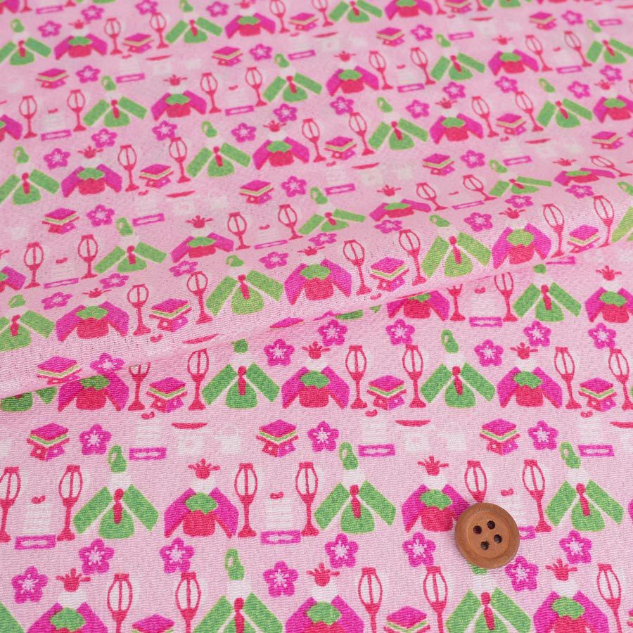 ちりめん生地 ひな人形(ピンク) 10cm単位 切り売り 雛人形柄縮緬布地 レーヨンチリメン オニちりめん 雛祭り模様