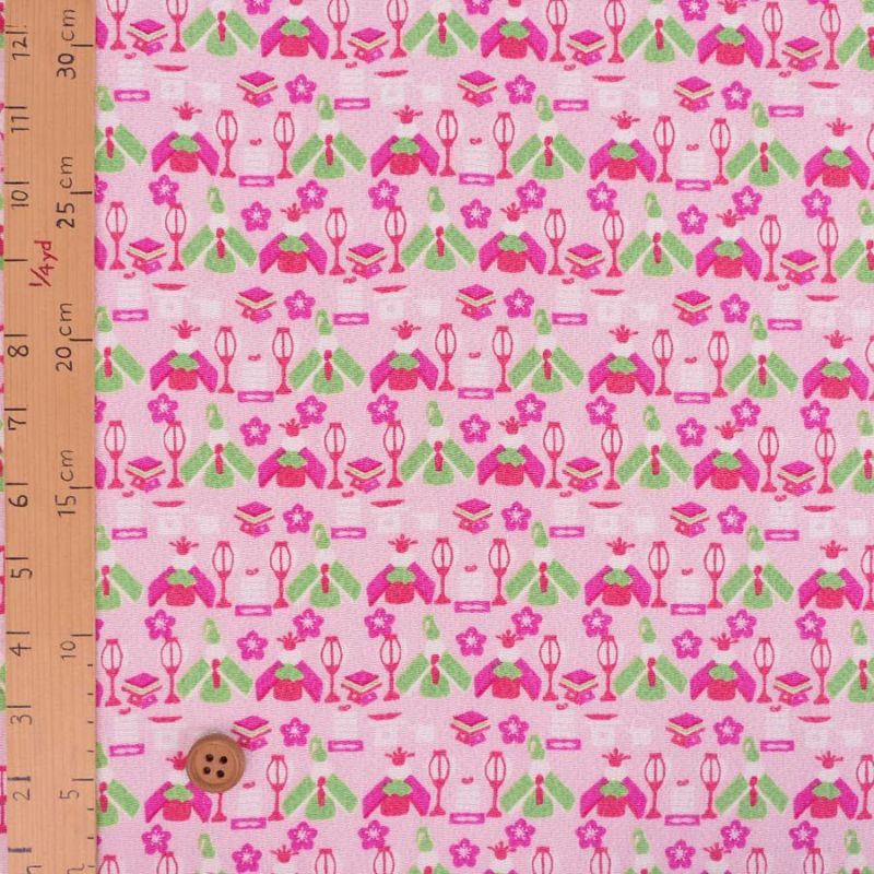 ちりめん生地 ひな人形(ピンク) 10cm単位 切り売り 雛人形柄縮緬布地 レーヨンチリメン オニちりめん 雛祭り模様