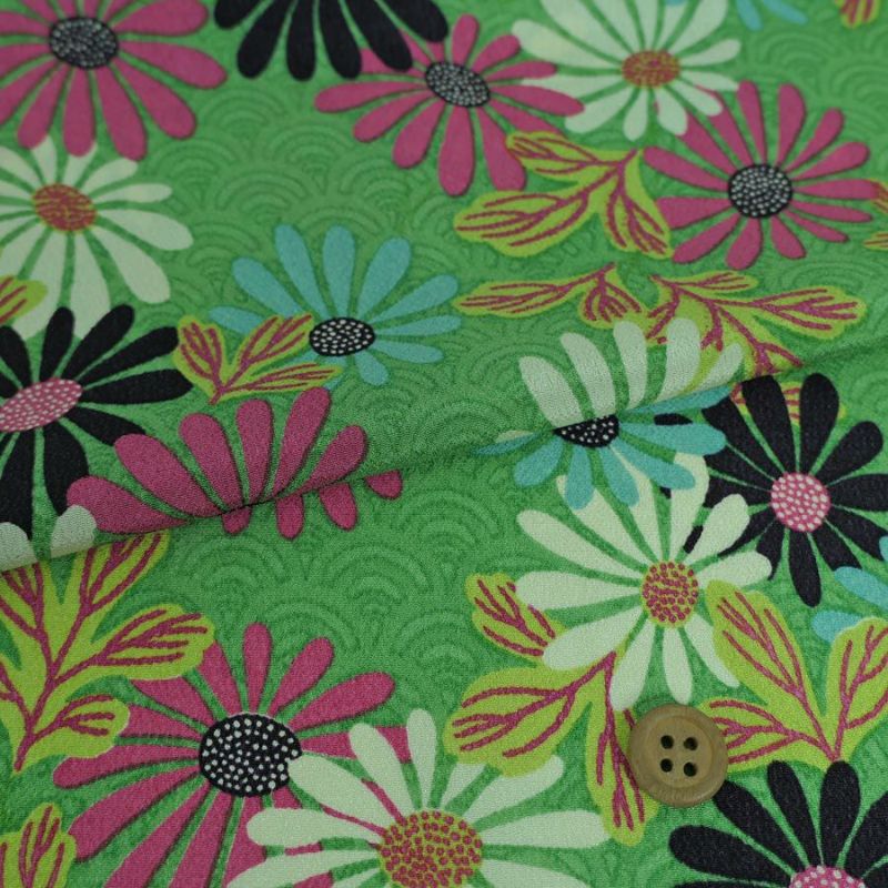 一越ちりめん生地 青海波に菊(緑) 10cm単位 切り売り ひとこしちりめん布地 縮緬チリメン 和モダン菊柄 おしゃれ花柄