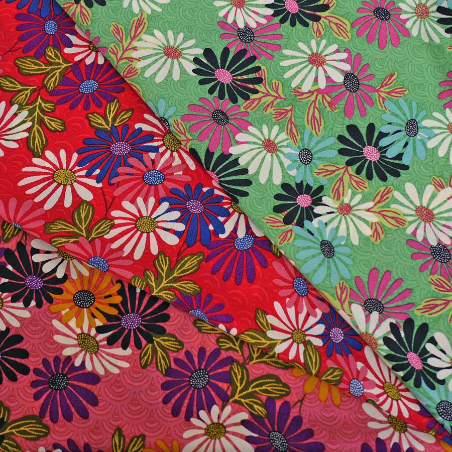 一越ちりめん生地 青海波に菊(ピンク) 10cm単位 切り売り ひとこしちりめん布地 縮緬チリメンモダン花柄 おしゃれ和風