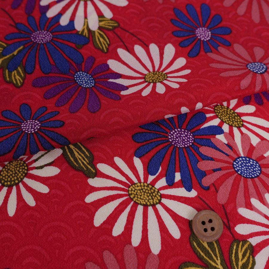 一越ちりめん生地 青海波に菊(赤) 10cm単位 切り売り ひとこしちりめん布地 縮緬チリメンモダン和風柄 花柄 おしゃれ