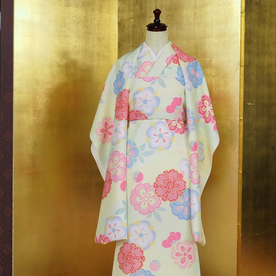 着物用洗える生地 七宝雲に梅桜(クリーム色) 1反売り(約12m) |生地 和 