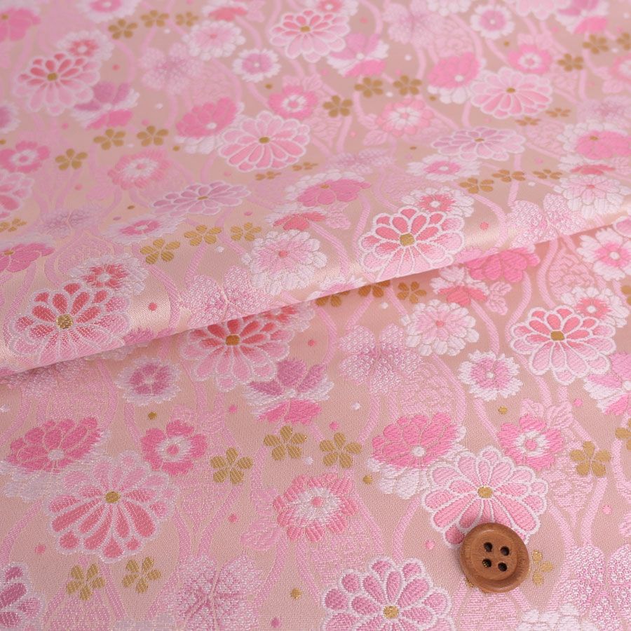 金襴生地(金らん) たてわくに菊桜(きなり/ピンク) 10cm単位 切り売り 立涌文様 伝統柄 モダンかわいい 西陣織物 花柄きんらん 白桃色