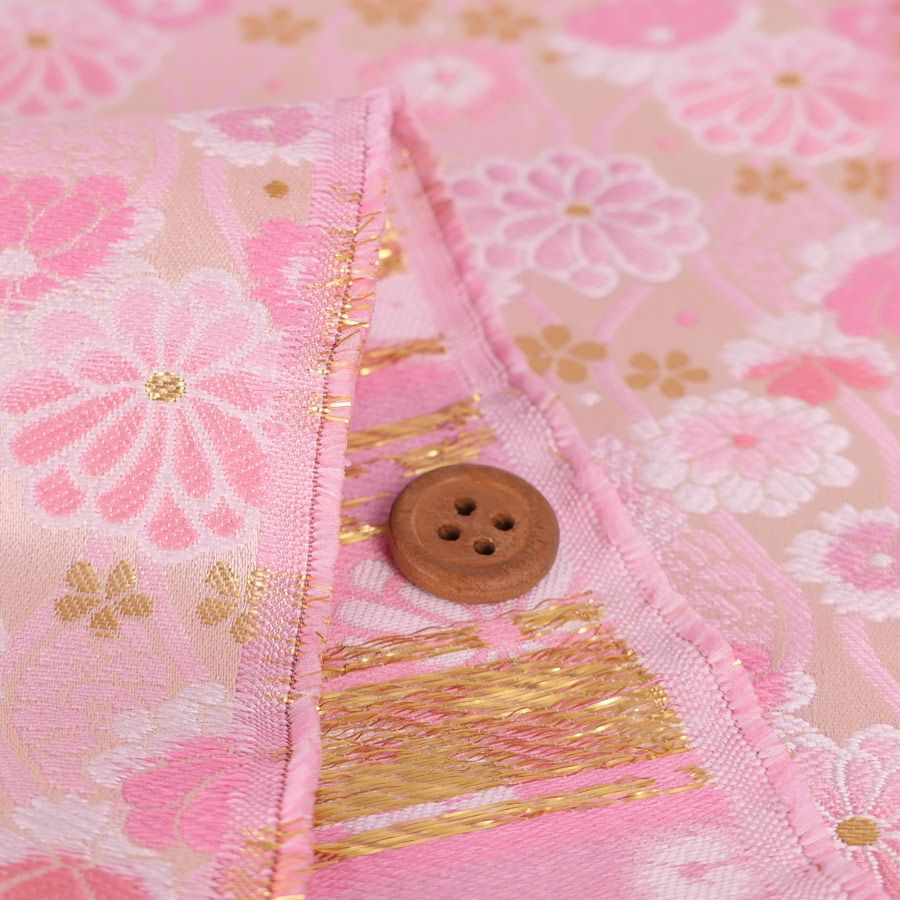 金襴生地(金らん) たてわくに菊桜(きなり/ピンク) 10cm単位 切り売り 立涌文様 伝統柄 モダンかわいい 西陣織物 花柄きんらん 白桃色