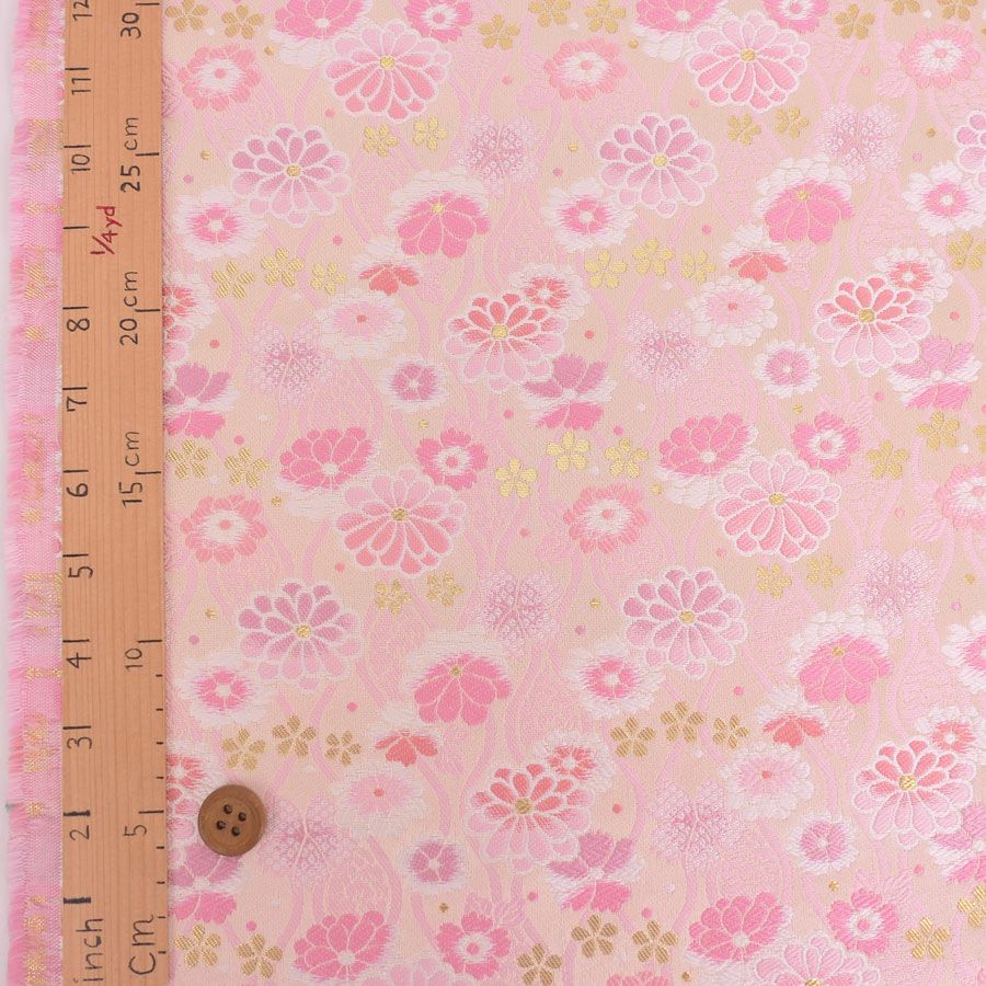 金襴生地(金らん) たてわくに菊桜(きなり/ピンク) 10cm単位 切り売り 立涌文様 伝統柄 モダンかわいい 西陣織物 花柄きんらん 白桃色