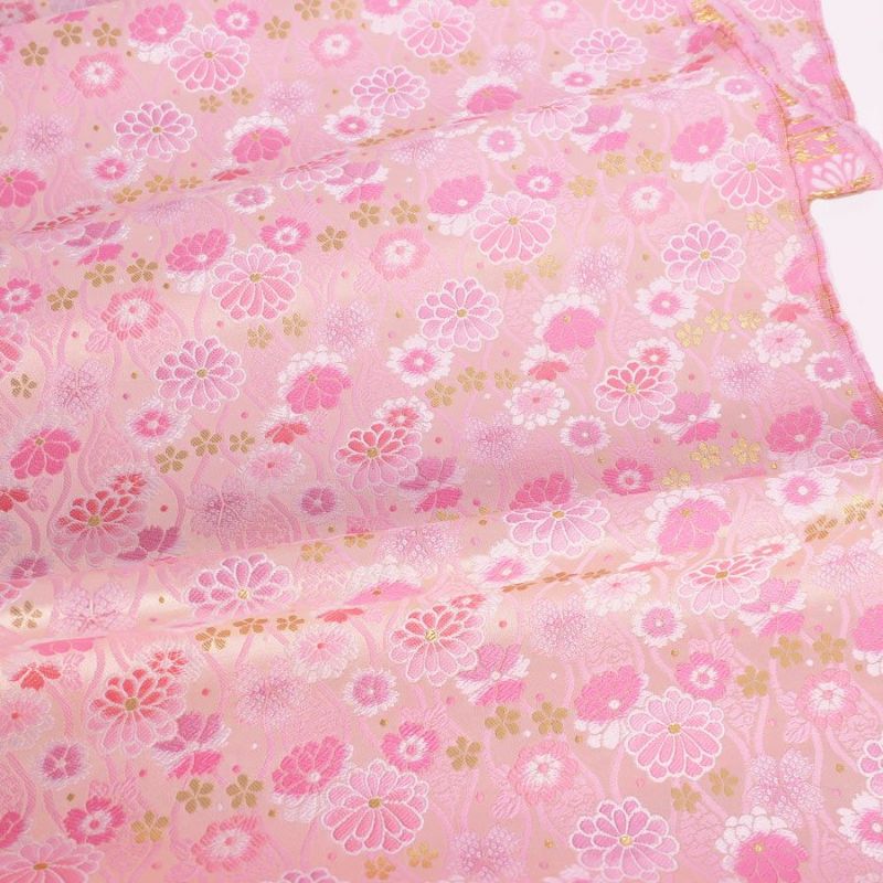 金襴生地(金らん) たてわくに菊桜(きなり/ピンク) 10cm単位 切り売り 立涌文様 伝統柄 モダンかわいい 西陣織物 花柄きんらん 白桃色