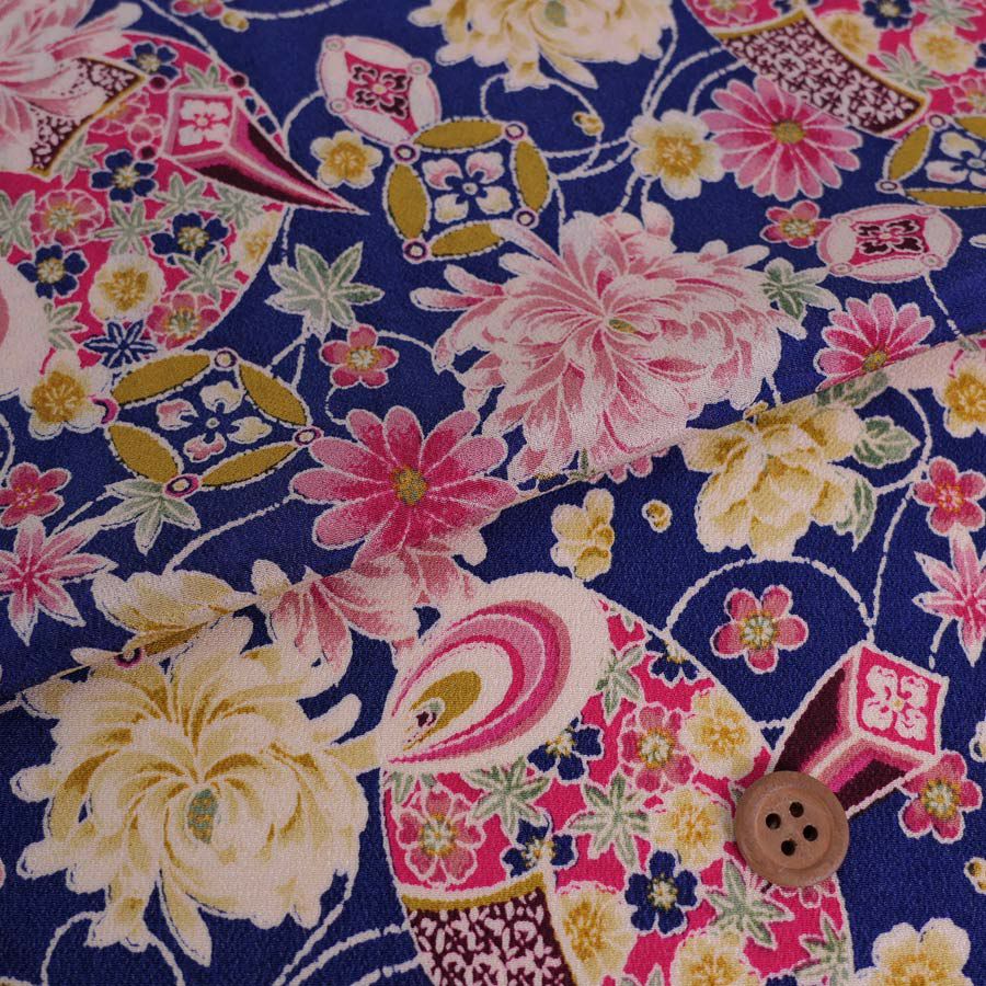 一越ちりめん生地 吉祥菊花柄(紺) 10cm単位 切り売り 古布縮緬風 手芸用チリメン布地 青紺色 ひとこしちりめん 菊柄