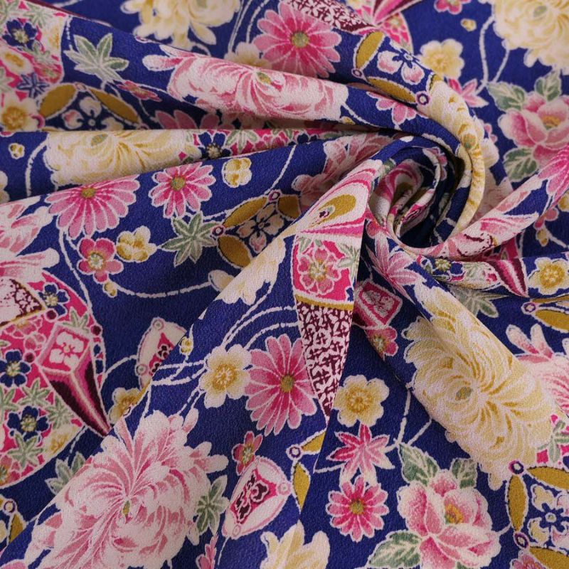 一越ちりめん生地 吉祥菊花柄(紺) 10cm単位 切り売り 古布縮緬風 手芸用チリメン布地 青紺色 ひとこしちりめん 菊柄