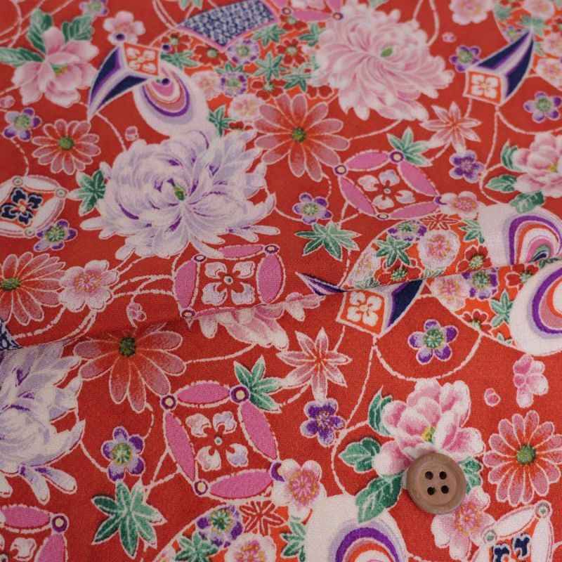 一越ちりめん生地 吉祥菊花柄(朱赤) 10cm単位 切り売り 古布縮緬風 手芸用チリメン布地 朱色 ひとこしちりめん 菊柄
