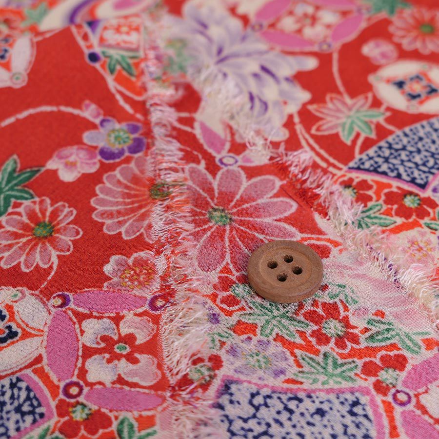 一越ちりめん生地 吉祥菊花柄(朱赤) 10cm単位 切り売り 古布縮緬風 手芸用チリメン布地 朱色 ひとこしちりめん 菊柄