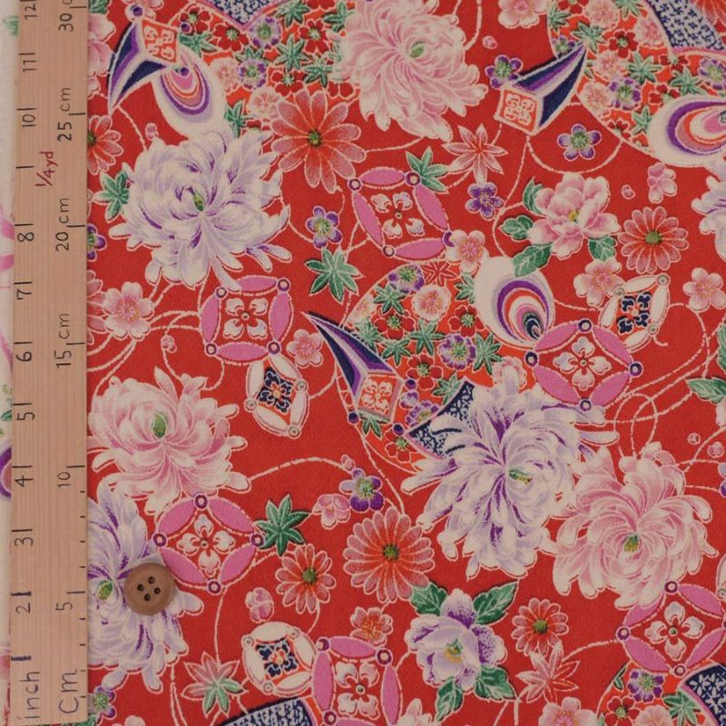 一越ちりめん生地 吉祥菊花柄(朱赤) 10cm単位 切り売り 古布縮緬風 手芸用チリメン布地 朱色 ひとこしちりめん 菊柄
