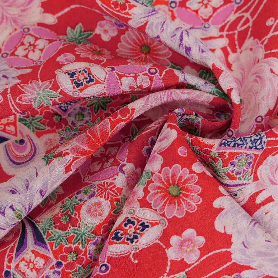 一越ちりめん生地 吉祥菊花柄(朱赤) 10cm単位 切り売り 古布縮緬風 手芸用チリメン布地 朱色 ひとこしちりめん 菊柄