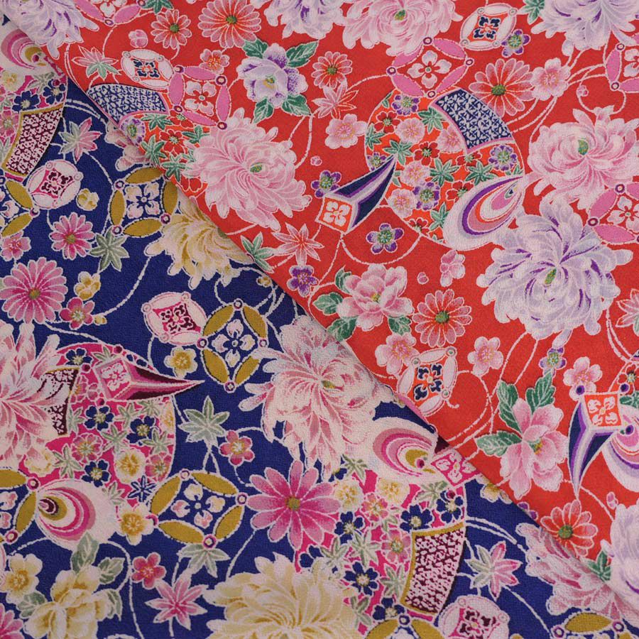 一越ちりめん生地 吉祥菊花柄(朱赤) 10cm単位 切り売り 古布縮緬風 手芸用チリメン布地 朱色 ひとこしちりめん 菊柄