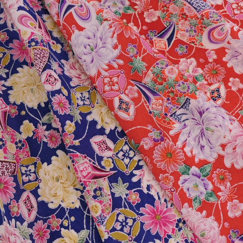 一越ちりめん生地 吉祥菊花柄(朱赤) 10cm単位 切り売り 古布縮緬風 手芸用チリメン布地 朱色 ひとこしちりめん 菊柄