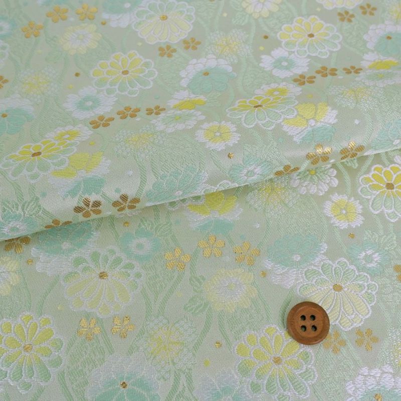 金襴生地(金らん) たてわくに菊桜(ミント/レモン) 10cm単位 切り売り[M便 1/20] 立涌模様 伝統的 モダンかわいい 西陣織物 花柄きんらん 古典柄