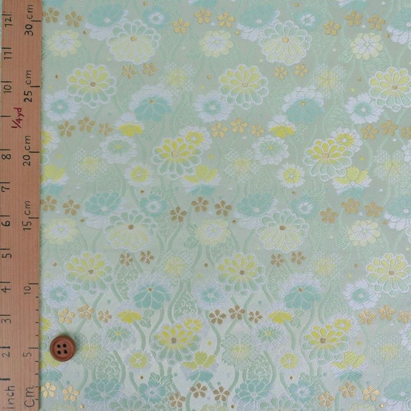 金襴生地(金らん) たてわくに菊桜(ミント/レモン) 10cm単位 切り売り[M便 1/20] 立涌模様 伝統的 モダンかわいい 西陣織物 花柄きんらん 古典柄