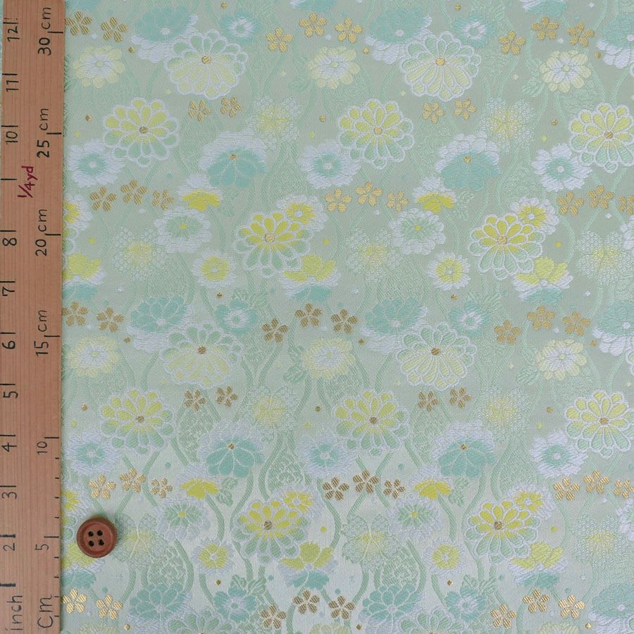 金襴生地(金らん) たてわくに菊桜(ミント/レモン) 10cm単位 切り売り[M便 1/20] 立涌模様 伝統的 モダンかわいい 西陣織物 花柄きんらん 古典柄
