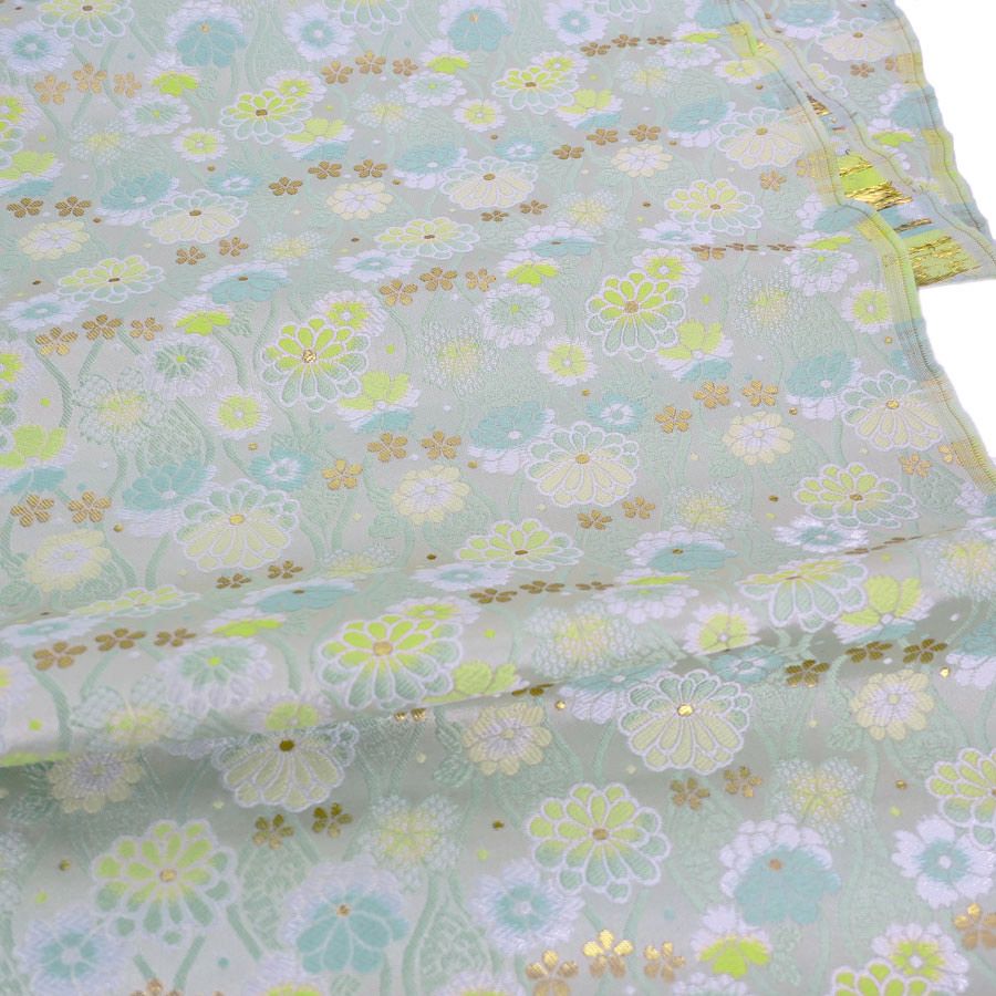 金襴生地(金らん) たてわくに菊桜(ミント/レモン) 10cm単位 切り売り[M便 1/20] 立涌模様 伝統的 モダンかわいい 西陣織物 花柄きんらん 古典柄